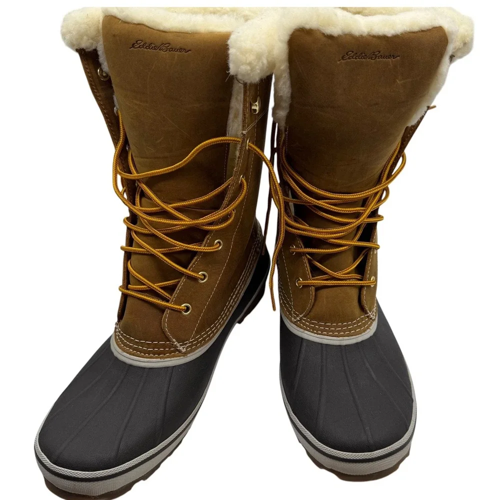 Eddie Bauer Hunt Pac Mid Duck Boots Tan Brown Leather Wool Blend Trim Mens 12